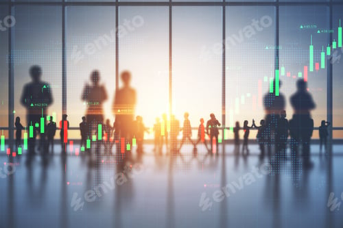 Preview: Trading And Business Investing Concept With Blurred People Silhouettes At Sunset And Digital
