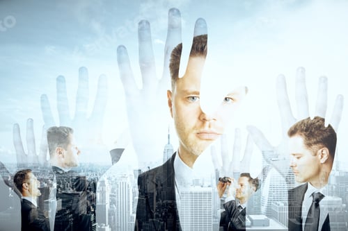 Preview: Hand Silhouettes And Businessmen On City Background. Double Exposure