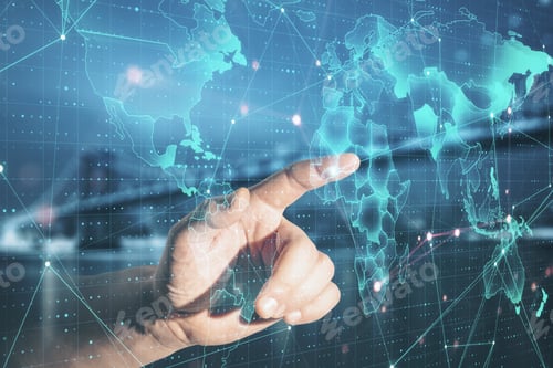Preview: Businessman Hand Using Creative Glowing World Map On Virtual Screen. Ai And Global Data Concept.