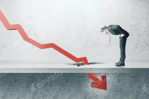 Preview: Businessman Looking Down At Falling Red Arrow Breaking Through Concrete Ground. Crisis And Economic