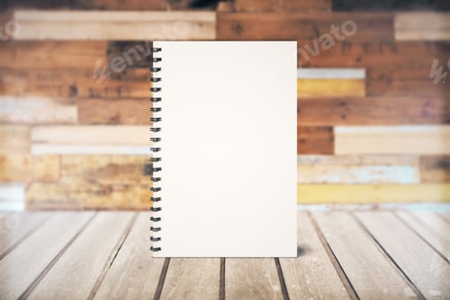Preview: Blank Notebook Cover On Wooden Table At Wooden Wall Background, Mock Up
