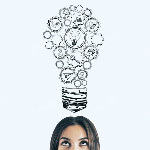 Preview: Portrait Of Businesswoman With Creative Hand Drawn Business Sketch Lamp On White Background. Idea