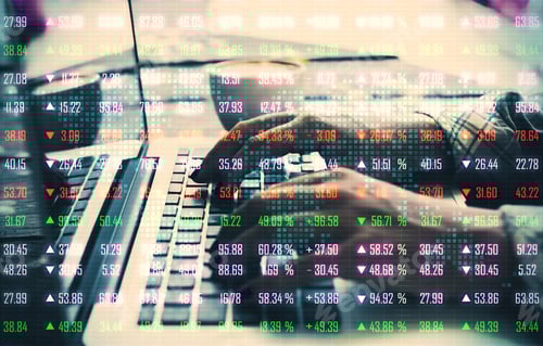 Preview: Close Up Of Hands Using Laptop With Forex Chart On Blurry Background. Communication And Index