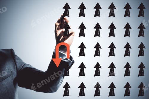 Preview: Businessman Hand Drawing Many Black Arrows On Blue Wall Background. Leadership And Way Concept
