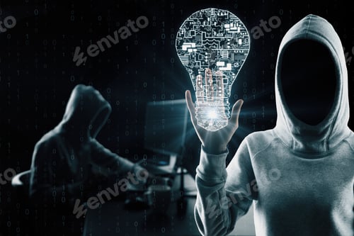 Preview: Hacker With Circuit Lamp On Abstract Dark Background. Engineering And Hacking Concept