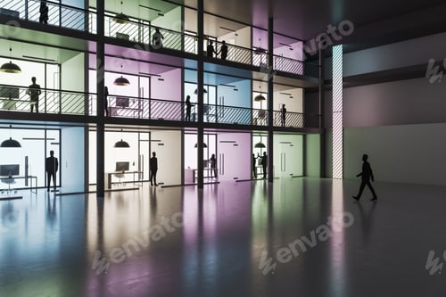 Preview: Perspective View On People In Multi-Storey Showroom Area Based On Three Floors With Colorful Walls