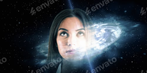 Preview: Portrait Of Attractive Young European Female Portrait On Space Background. Universe And Meditation