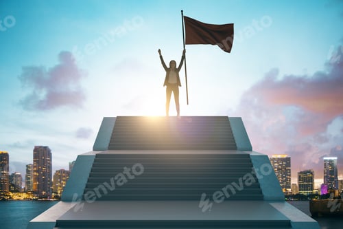 Preview: Happy Young European Businesswoman With Flag Standing On Top Of Stairs On Bright City Background