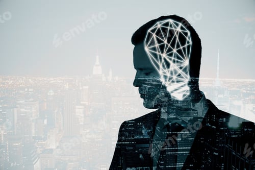 Preview: Thoughtful Businessman With Abstract Polygonal Lamp On City Background With Copy Space. Idea