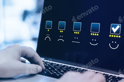 Preview: Close Up Of Male Hands Using Laptop And Choosing 5 Stars On Abstract Glowing Rating Interface On