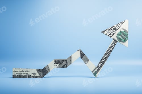 Preview: Arrow Made Of Dollars On Blue Background. Finance And Trade Concept. 3D Rendering