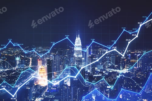 Preview: Big Data And Statistics Concept With Digital Glowing Growing Graphs And Diagrams On Night Megapolis