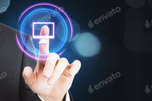 Preview: Businessman Hand Pointing Digital Computer Hologram. Innovation And Technology Concept