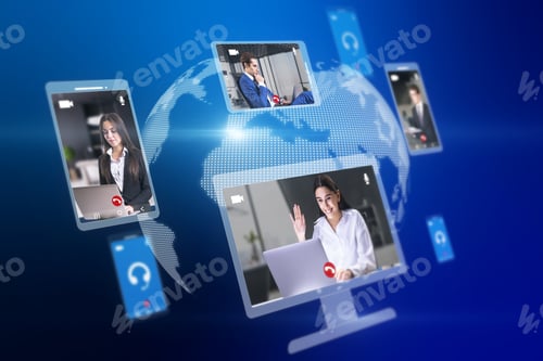 Preview: Creative Globe Map With Computer Screens And Creative Video Conference Call Between Attractive