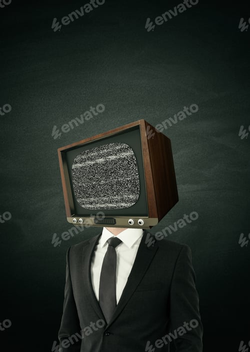 Preview: Tv Headed Businessperson Standing On Concrete Wall Background. Brainwash And Control Concept