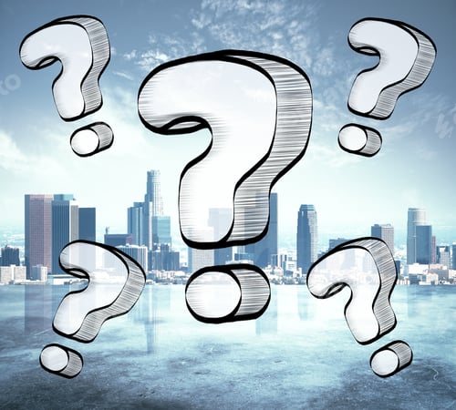 Preview: Drawn Question Marks On City Background. Confused Concept