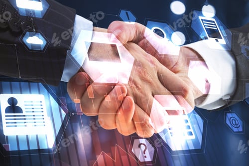 Preview: Handshake With Digital Business Interface. Teamwork And Technology Concept. Double Exposure
