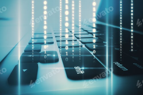 Preview: Technology Background With Digital Coding Numbers On Blurry Modern Laptop Keyboard Backdrop. 3D