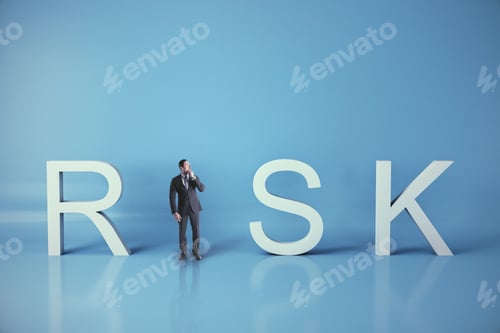 Preview: Thinking Businessman Standing Near Risk Text On Blue Background. Business And Challenge Concept.