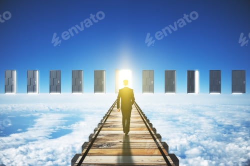 Preview: Man Walking To An Open Door In Clouds Concept