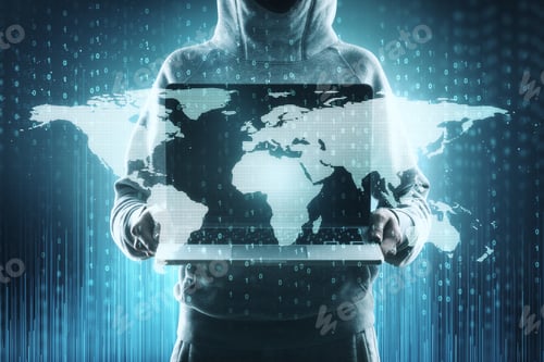 Preview: Abstract Image Of Hacker With Laptop And Map. Global Hacking And Phishing Concept. Double Exposure