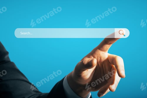 Preview: Businessman Hand Pointing At Creative Website Search Bar On Blue Background. Internet And Browse