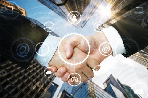 Preview: Close Up Of Handshake With Web Icons On Blurry City Background With Sunlight. Social Network And