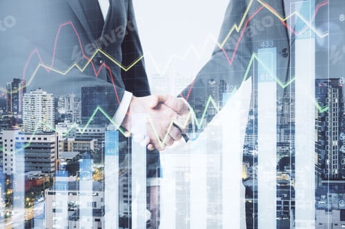 Preview: Two Businessmans Shaking Hands With Glowing Stock Chart. Money And Trade Concept. Multiexposure