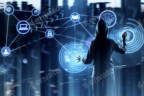 Preview: Back View Of Hacker Using Glowing Interface On Blurry Night City Background. Internet, Innovation