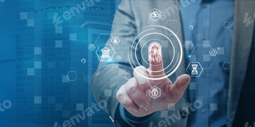Preview: Close Up Of Man Hand Pointing At Abstract Glowing Id Fingerprint Web Protection And Security