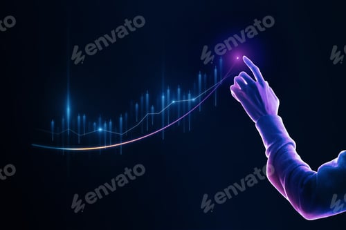 Preview: Stock Market Increase Concept With Human Hand Touching Digital Dark Screen With Raising Up Forex