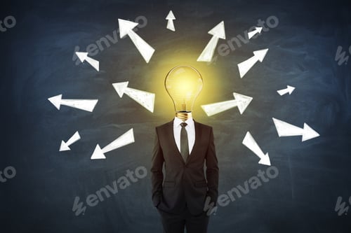 Preview: Idea And Solution Concept With Businessman With Glowing Light Bulb Instead Of Head With White