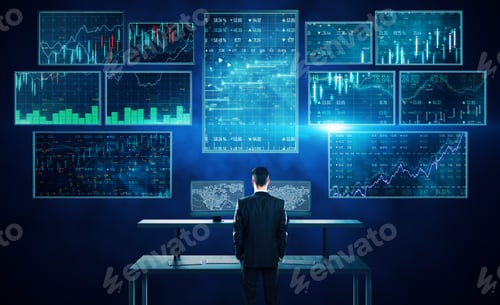 Preview: Thoughtful Young Businessman Standing At Desk With Digital Financial Interface. Hud And Stats