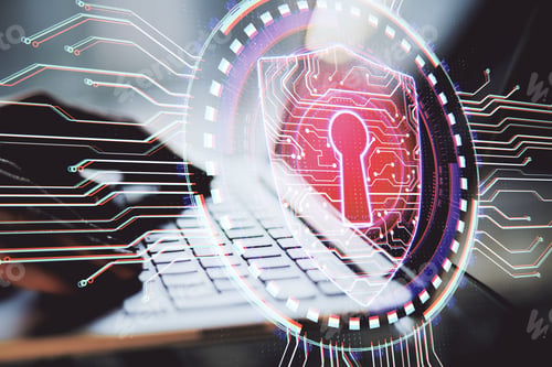 Preview: Hand Using Laptop With Antivirus Shield Hologram. Web Safety And Protection Concept. Double Exposure
