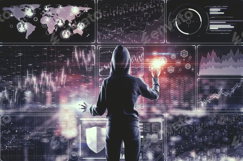 Preview: Hacking And Trade Concept. Hacker With Digital Business Interface On Blurry Night City Background