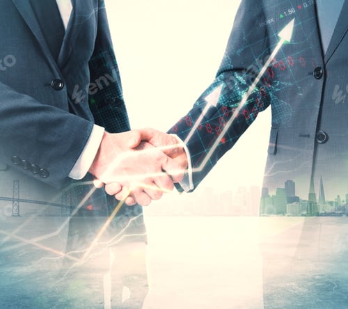 Preview: Businessmen Shaking Hands On Abstract City Background With Forex Chart. Teamwork And Analysis
