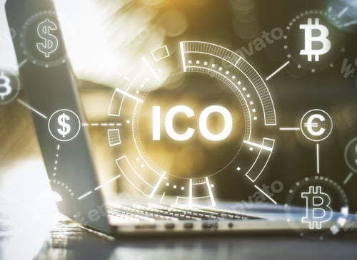 Preview: Close Up Of Notebook With Abstract Ico Hologram. Initial Coin Offering Concept. Double Exposure