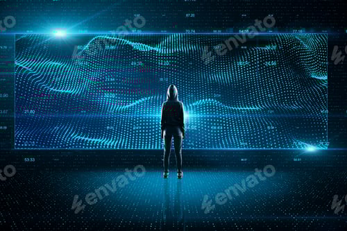 Preview: Hacker Looking On Glowing Abstract Trade Analytics On Virtual Screen. Web Safety And Cyberspace