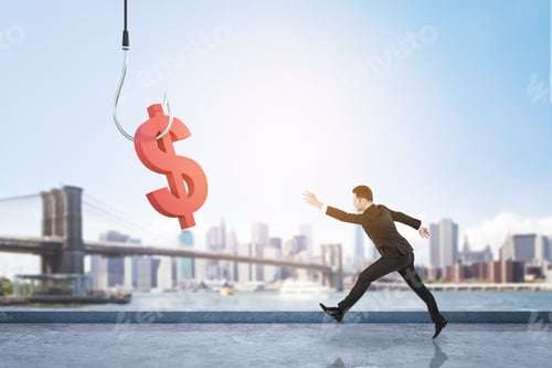 Preview: Businessman Running After Red Dollar Sign On Hook On Beautiful Bright City Background. Invest And