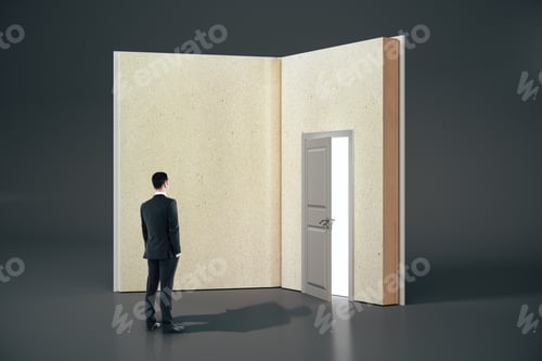 Preview: Businessman Looking At Abstract Open Book With Door On Gray Background. Opportunity, Education And