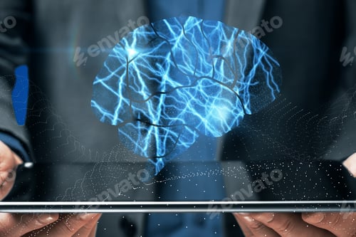 Preview: Close Up Of Businessman Hands Holding Tablet With Abstract Shiny Blue Digital Brain Hologram On