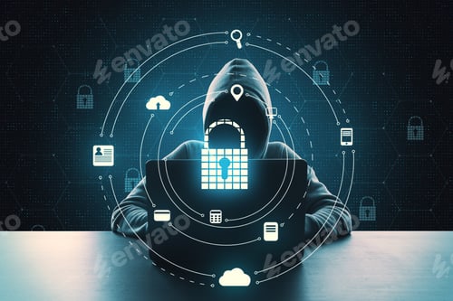 Preview: Hacking And Antivirus Concept. Hacker At Desktop Using Laptop With Glowing Padlock Hologram In Dark