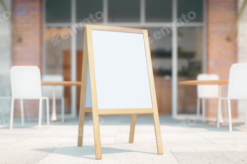Preview: Blank White Menu Stand On Cafe Exterior Background. Mock Up, 3D Render