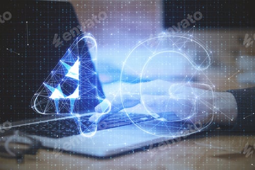 Preview: Hands Using Laptop With Glowing 4G Interface On Blurry Desktop Background. Speed And Internet