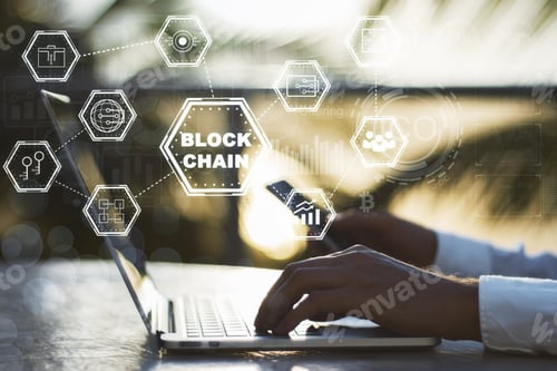 Preview: Blockchain Technology Concept With Diagram Of Chain And Encrypted Block At Businessman With