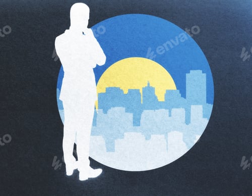Preview: Abstract Image Of Thoughtful Man Silhouette Next To Round Banner With City And Sun. Research Concept