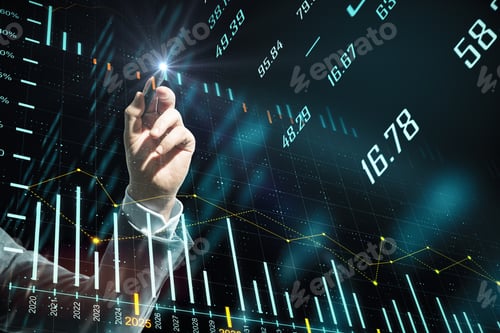 Preview: Hand Drawing Business Chart Hologram On Virtual Screen. Money And Trade Concept.