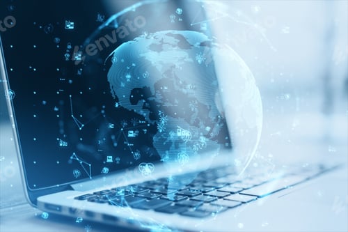 Preview: Close Up Of Laptop Computer With Glowing Polygonal Globe And Social Icons On Blurry Background