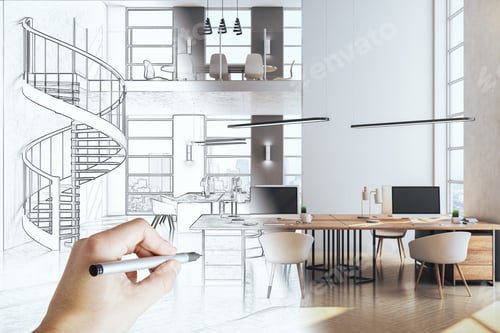 Preview: Hand Drawing Clean Coworking Office Interior With Stairs And Computer On Desktop And City View