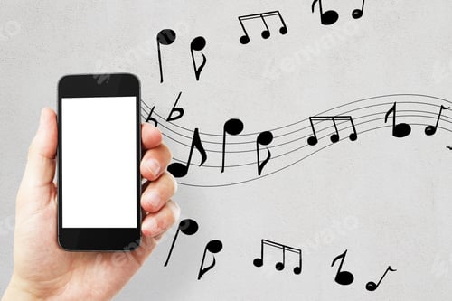 Preview: Male Hand Holding Empty White Cellphone On Concrete Background With Notes. Music, Leisure, Device
